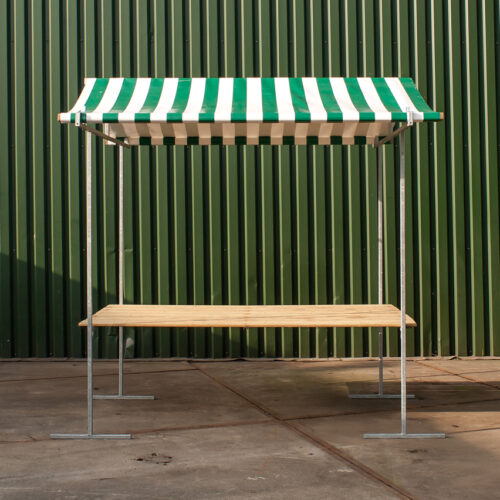 Houten marktkraam van 2 meter breed met groen-wit gestreept zeil – De Zwart Marktkramen